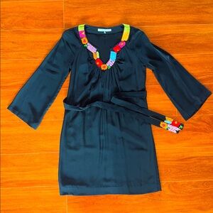 Trina Turk Black lined Dress with Embellished Tie belt and Bell Sleeves